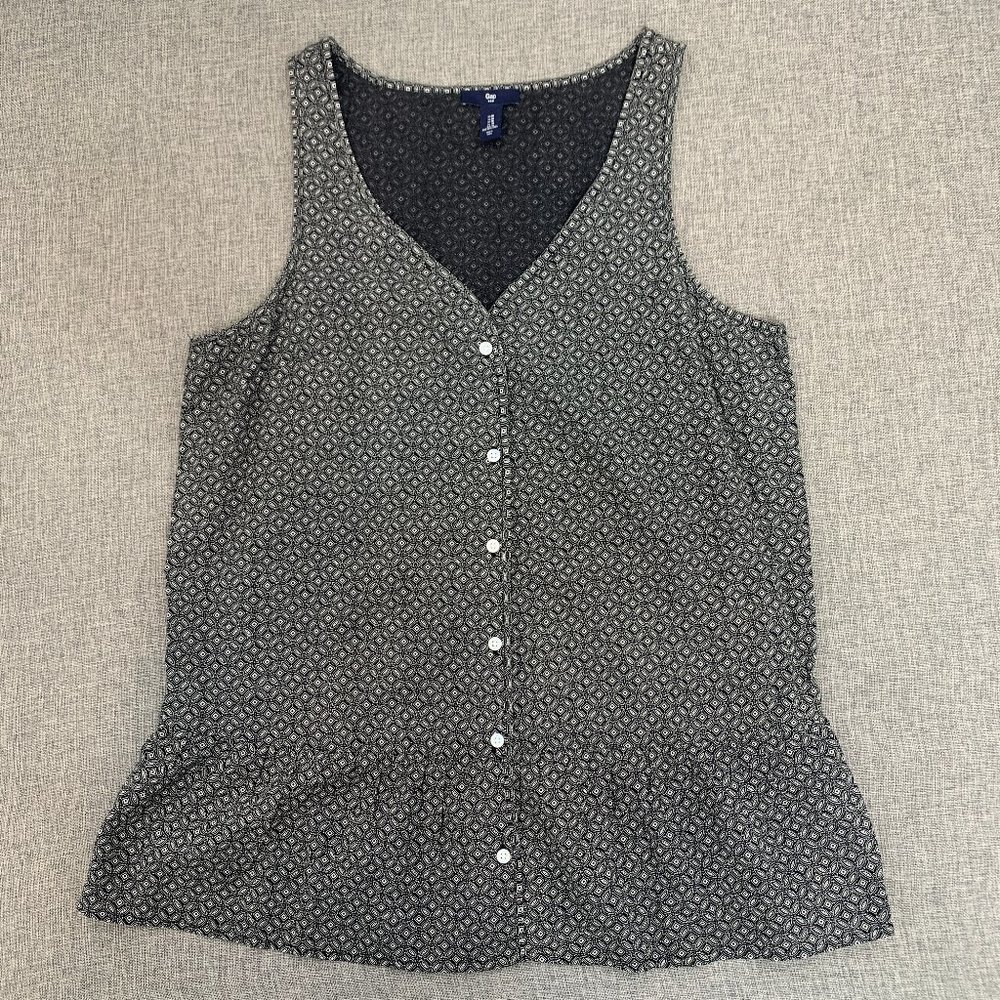 Gap Button Down Sleeveless‎ Blouse Black White Medium Lightweight V-Neckline